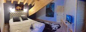 a bedroom with a bed and a television in it at Chalet Skiopied in La Toussuire