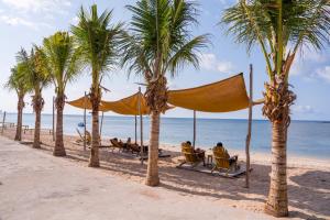 people sitting in chairs under palm trees on the beach at Mia Beach Hotel in Cù Lao Thu