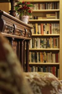 a book shelf with a potted plant on top of a table at Apartmány ReMi Vysoké Tatry in Smokovce