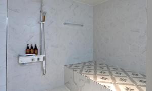 a bathroom with a shower with bottles on a shelf at The Stay Series in Daegu +76 photos