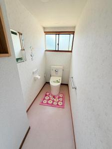 a bathroom with a pink toilet in a small room at ゲストハウスめぐみ in Iizuka