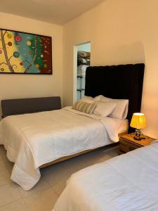 a bedroom with two beds and a painting on the wall at Casa completa, 4 dormitorios, 7 camas dobles, 4 sofá cama, 3 baños 1 en planta baja, cocina equipada, consola Arcade, asador, juguetes para niños, plancha, secadora, cafetera, etc, fraccionamiento privado, zona de vías rápidas y toallas in Torreón +38 photos