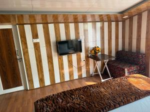 a room with a striped wall with a tv and a chair at Zabaish Riverside Cottage in Pahalgām