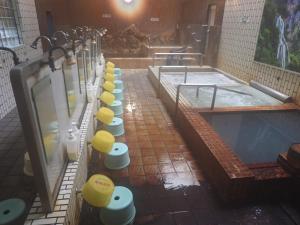 a row of toilets in a bathroom with a hot tub at Ebeotsu Onsen in Takikawa