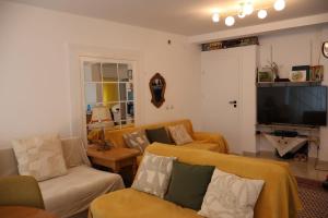 a living room with two couches and a flat screen tv at Casa Albinelor - Apartament 2-6 persoane in Braşov