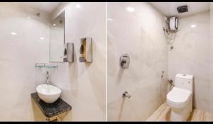 two pictures of a bathroom with a toilet and a phone at Hotel Baghdad Palace in Mumbai