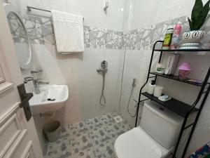 a bathroom with a shower and a toilet and a sink at Kai Apartments Near Airport Zanzibar in Zanzibar City +37 photos