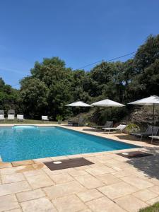 a swimming pool with chairs and umbrellas at Ferme de Palumiane - Chambres climatisées in Visan
