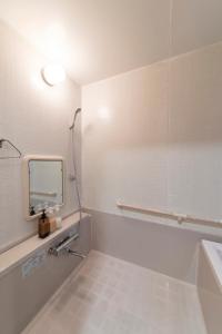 a bathroom with a sink and a mirror on the wall at Guest House Masaru ゲストハウス勝 in Nagano