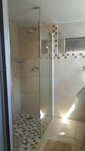 a shower with a glass door in a bathroom at Beachway Guesthouse in Port Elizabeth