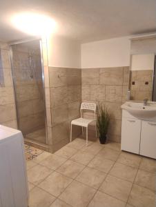 a bathroom with a shower and a sink and a chair at Ubytování U Jindřicha ll in Weissbach