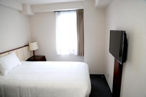 成田市にあるアジアホテル成田のベッド1台、薄型テレビが備わるホテルルームです。