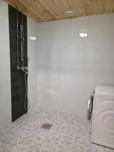 a bathroom with a shower and a washing machine at Kotoisa 2 in Seinäjoki +2 photos
