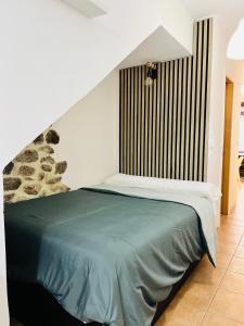 a bedroom with a bed with a green blanket at Estudio bajo la escalera in Redondela