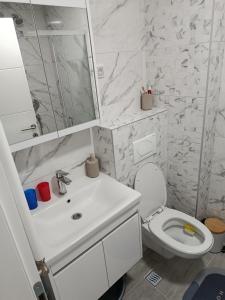 a white bathroom with a toilet and a sink at Top Spa apartman in Banja Koviljača +28 photos
