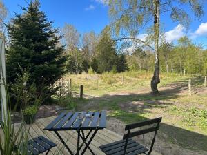 a picnic table and two chairs on a deck at Hulen - Ro & Natur in Bindslev +3 photos