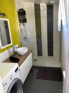 a bathroom with a shower and a sink and a washing machine at Villa kaja in Saint-Porchaire