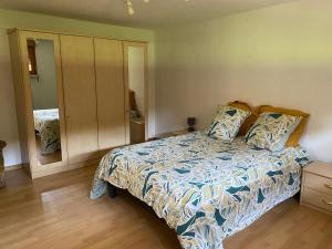 a bedroom with a bed and a dresser and a mirror at Côté Jardin in Bourgheim