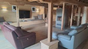 a living room with two couches and a fireplace at Les chaumières de Brameix in Neuvic