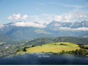 a view of a green hill with mountains in the background at Bergheim Plose - Appartements in St Andrä bei Brixen in Bressanone