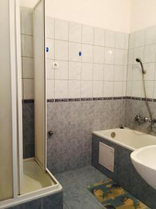 bagno con doccia, vasca e lavandino di Horváth Apartman a Cserkeszőlő