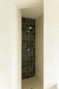 a shower in a bathroom with black and white tiles at Apartamentos El Patio Plaza de Santa Clara - con vistas en el casco histórico in Cáceres +40 photos
