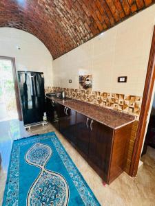 a kitchen with a counter with a television and a rug at Dara guest House in Aswan