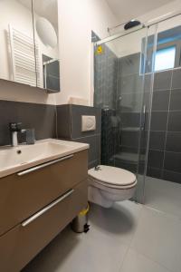 a bathroom with a toilet and a sink and a shower at Jancsó Apartman in Dunaföldvár +31 photos