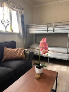 a living room with a table and a couch and bunk beds at Fyrås Gård Tallstugan in Fyrås