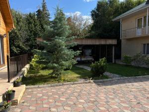 a christmas tree in the yard of a house at Нур Срубы Сары Ой in Chon-Sary-Oy