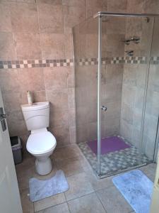 a bathroom with a toilet and a glass shower at Siësta Guesthouse in Modimolle +4 photos