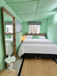 a bedroom with two beds and a large mirror at 19 Mare St Apartments in Howick