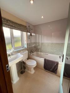 a bathroom with a toilet and a tub and a sink at The Star Inn in Dylife +24 photos