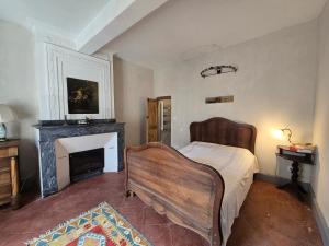a bedroom with a bed and a fireplace at Maison centre historique in Lectoure +9 photos