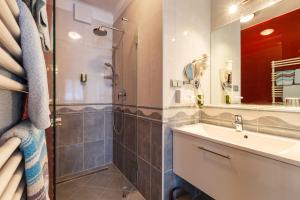 a bathroom with a shower and a sink and a mirror at Weingut Franz Schindler in Mörbisch am See