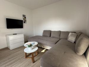 a living room with a couch and a tv at FeWo-Ahrenshoop in Prerow