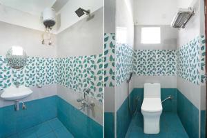 two pictures of a bathroom with blue and white tiles at Super Hotel O Magunta Layout Nellore Formerly The Paradise Guest Inn in Nellore