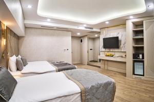 a hotel room with two beds and a flat screen tv at Elysia Hotel in Istanbul