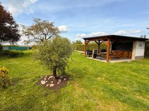 a small tree in the grass next to a gazebo at Pension U Babi in Chrášťany