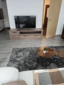 a living room with a tv and a table at Ferienwohnung am Rennsteig in Gerstungen