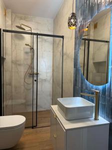a bathroom with a sink and a shower at Apartament Bursztynowy Lębork in Lębork