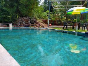 a swimming pool with an umbrella and a table at Lovelynest homestay in Attigundi