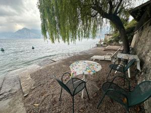 a table and chairs with an umbrella next to the water at Villa Elisabetta in Malcesine