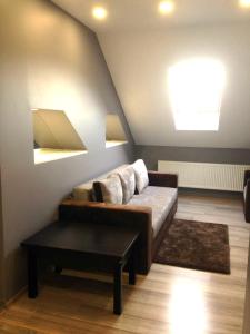 a living room with a couch and a table at Apartment on Nezalezhnosti Embankment in Uzhhorod