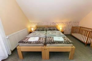 a bedroom with a large bed in a attic at Apartmány Šumava in Hojsova Stráž