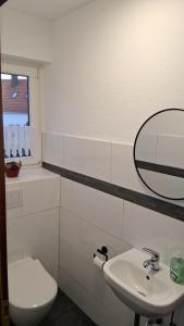 a bathroom with a toilet and a sink and a mirror at Ferienwohnung Mariechen in Medebach +12 photos