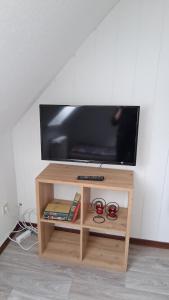 a flat screen tv on a wooden tv stand at Ferienwohnung Mariechen in Medebach