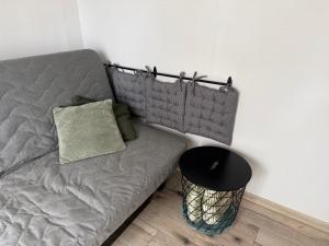 a couch in a room with a side table at Vasara Noānā in Plieņciems