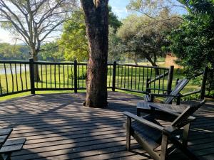 a bench sitting next to a tree next to a fence at Kruger Park Lodge - Private Villa 514 in Hazyview