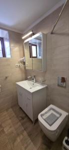 a bathroom with a sink and a toilet and a mirror at Hotel Adonis in Mythimna +63 photos